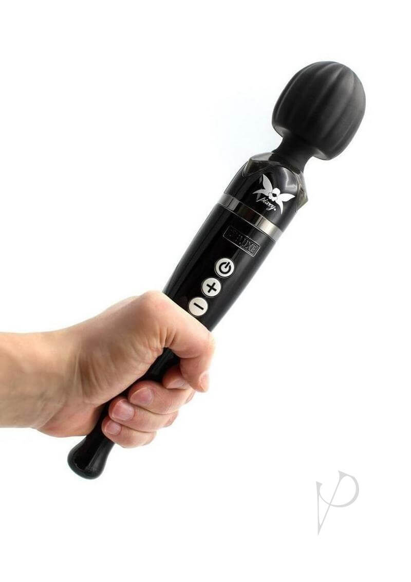 Hand holding the Pixey Deluxe Rechargeable Wand Black Chrome, a high-powered massage device.