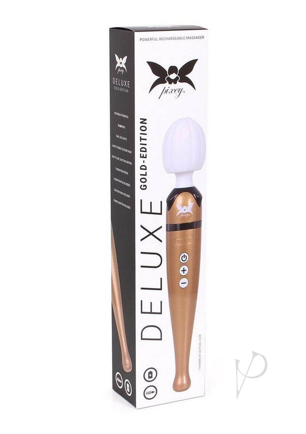 Pixey Deluxe Rechargeable Wand Gold Edition packaging showcasing its powerful design and features.