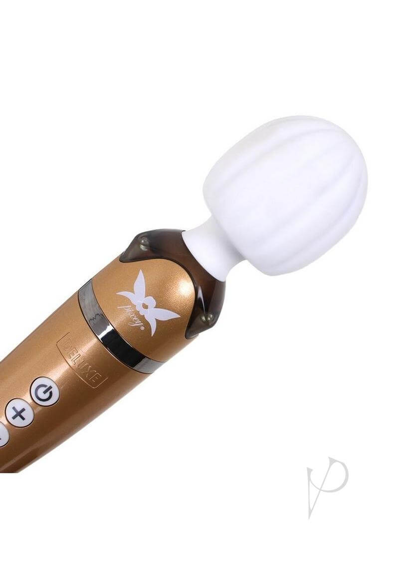 Pixey Deluxe Rechargeable Wand Gold Edition with white head and control buttons for powerful pleasure.