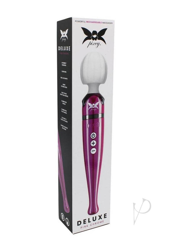 Pixey Deluxe Rechargeable Wand Pink Chrome packaging featuring a high-powered massager with a sleek design.