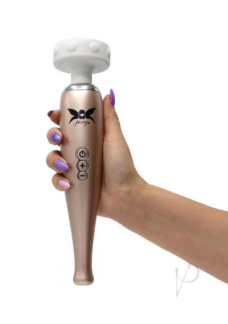 Pixey Hammerhead Rechargeable Wand Rose Gold held in hand, showcasing its elegant design and buttons.
