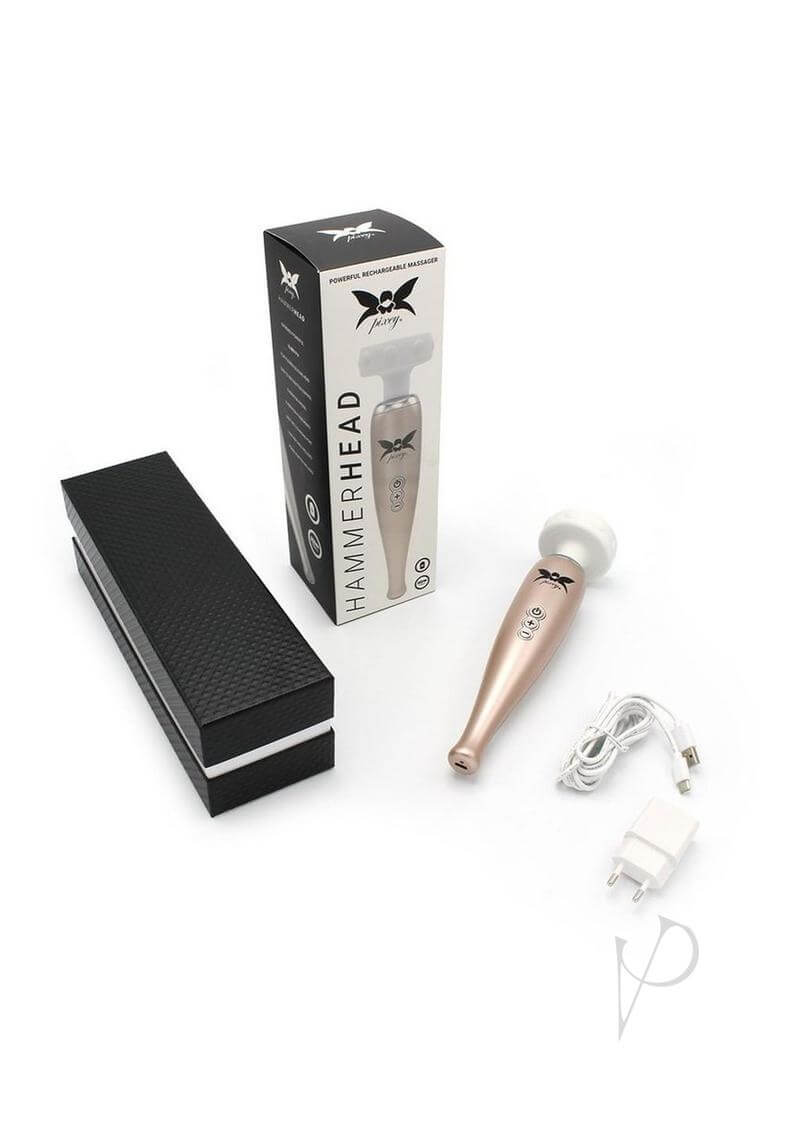 Pixey Hammerhead Rechargeable Wand Rose Gold with packaging and charger, offering powerful massage features.
