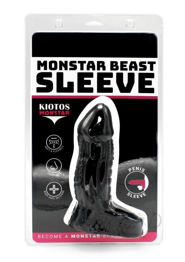 Monstar Beast Silicone Penis Sleeve Black in its packaging, showing premium enhancement features.