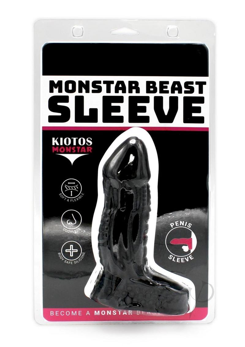 Monstar Beast Silicone Penis Sleeve Black in its packaging, showing premium enhancement features.