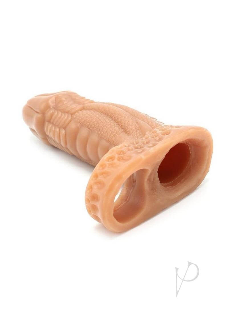 Monstar Beast Silicone Penis Sleeve 04 Vanilla showcasing its textured design and unique ball stretcher feature.