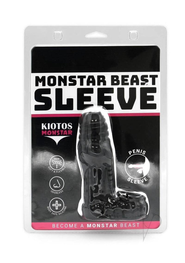 Monstar Beast Penis Silicone Sleeve 05 Black packaging showcasing the silicone sleeve for enhancement.