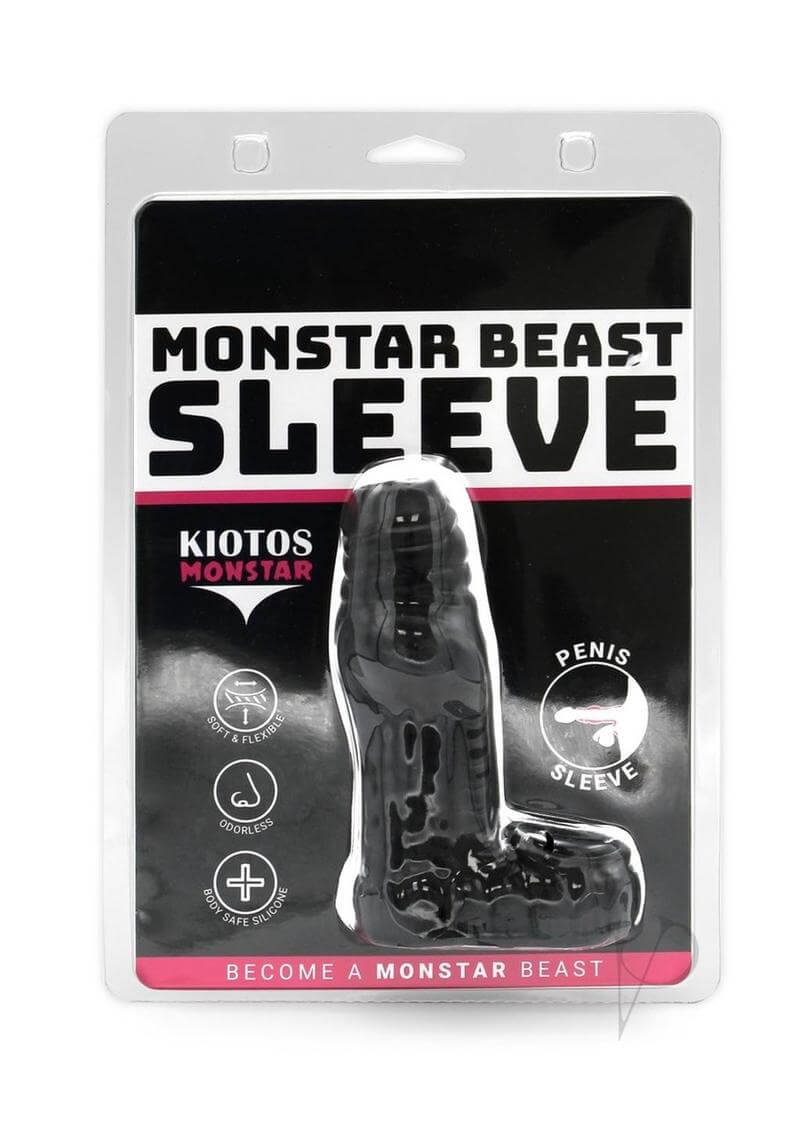Monstar Beast Penis Silicone Sleeve 05 Black packaging showcasing the silicone sleeve for enhancement.