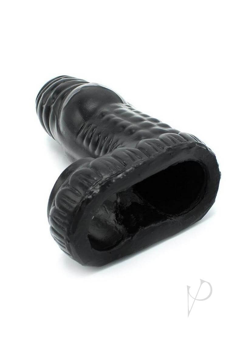 Monstar Beast Penis Silicone Sleeve 05 Black shown from the side, highlighting its textured design and innovative shape.