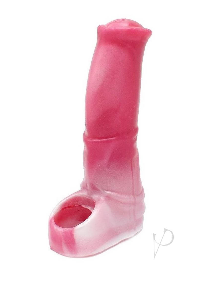 Monstar Beast Silicone Penis Sleeve 11 Pink White with unique ball stretcher hole for enhanced stimulation.