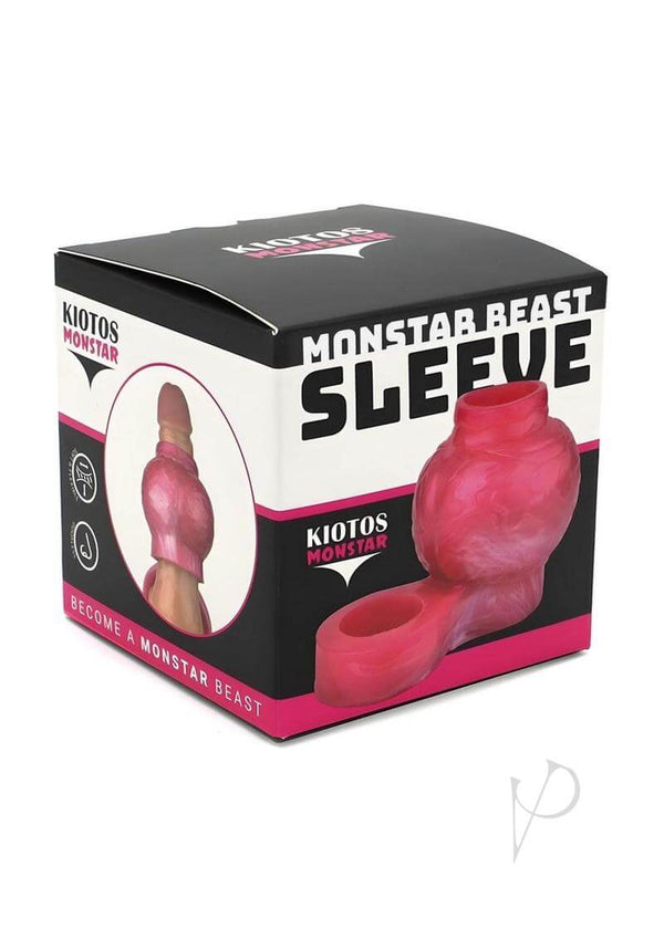 Monstar Beast Silicone Penis Sleeve Pink packaging showcasing premium enhancement features and design.