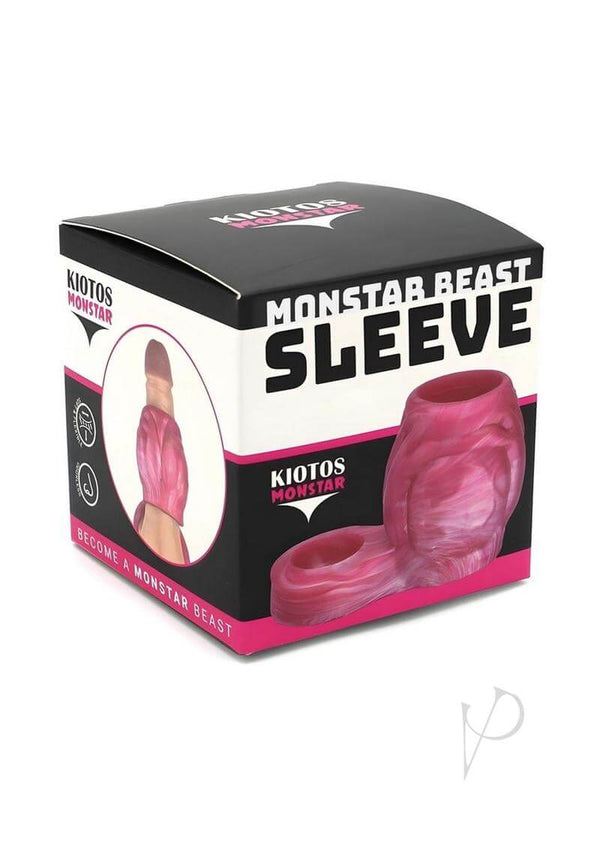 Monstar Beast Silicone Penis Sleeve 13 Pink White packaging showing design and features of the product.