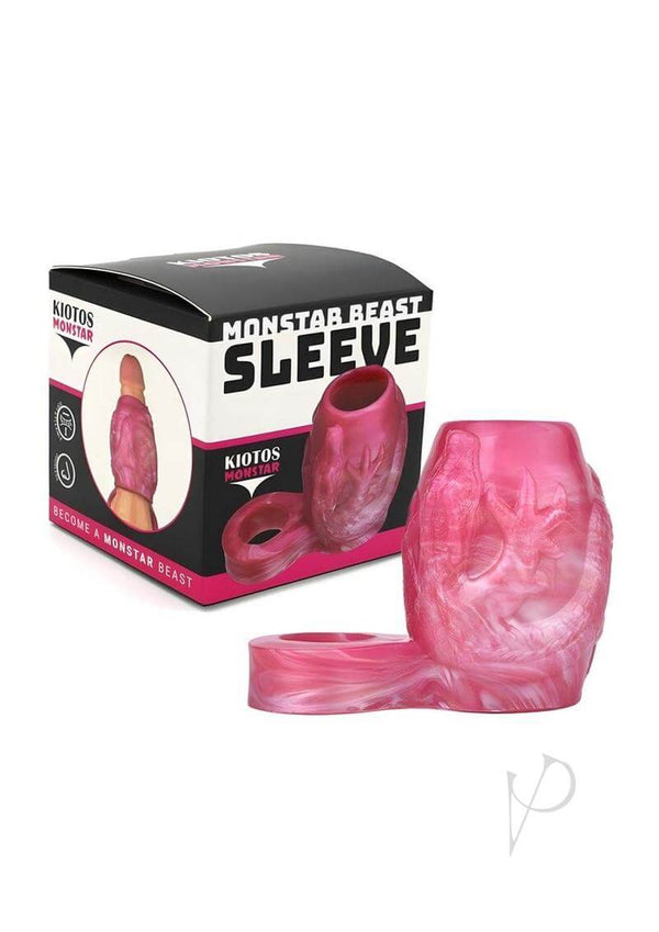 Monstar Beast Silicone Penis Sleeve 14 Pink packaging and sleeve display, premium silicone penis accessory.