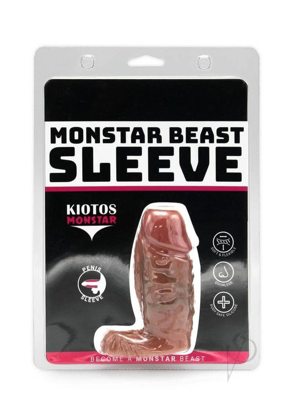Monstar Beast Silicone Penis Sleeve Caramel packaging with label and product features shown.