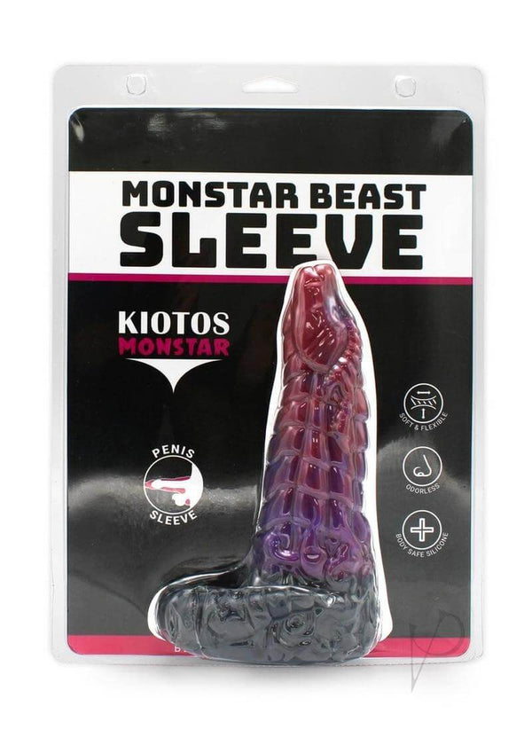 Monstar Beast Silicone Penis Sleeve Purple in packaging showcasing its unique design and features.