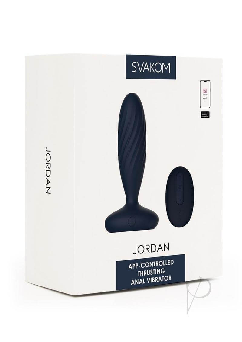 SVAKOM Jordan app-controlled thrusting anal vibrator packaging, showcasing sleek design and features for enhanced pleasure.