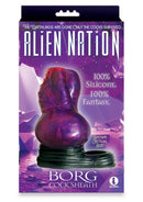 Alien Nation Borg Silicone Penis Sheath Purple and Blue packaging featuring sci-fi design and texture.