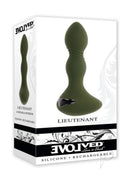 Evolved Lieutenant Rechargeable Silicone Anal Plug Green packaging with product features and design details.