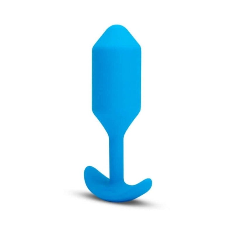 b Vibe Vibrating Snug Plug 3 Weighted Silicone Anal Plug Blue on a white background.