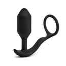 b-Vibe Vibrating Snug & Tug Weighted Anal Plug with Cockring Medium in black silicone, showcasing its hybrid design.