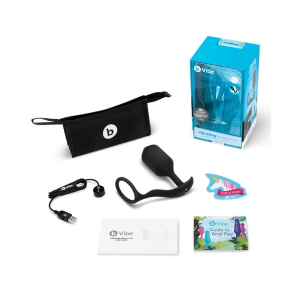 b-Vibe Vibrating Snug and Tug Weighted Anal Plug XL Black with accessories and packaging, designed for thrilling pleasure.