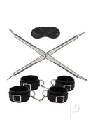 Lux Fetish Hog-Tie Spreader Bar with Wrist and Ankle Cuffs featuring adjustable cuffs and X-shaped frame.