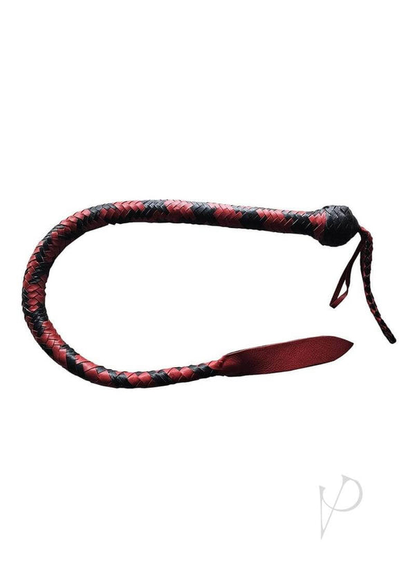 Rouge Leather Devil Tail Whip Black Red showcasing a bold braided design in black and red for BDSM play.