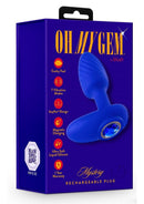 Oh My Gem Mystery Silicone Anal Plug Sapphire Blue box with detailed features and vibrant blue design.