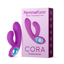 FemmeFunn Cora Thumping Dual Stimulation Vibrator Purple displayed in packaging, showcasing its ergonomic design and features.