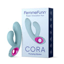 FemmeFunn Cora Thumping Dual Stimulation Vibrator Light Blue packaging and product image showcasing its innovative design.