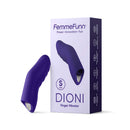 FemmeFunn Dioni Silicone Finger Vibrator Small Dark Purple with packaging displayed beside.