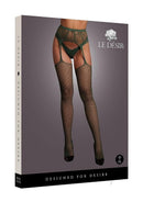 Le Desir Fishnet and Lace Garterbelt Stocking One Size Green displayed on model, highlighting classic boudoir lingerie style.