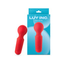 Luv Inc MW65 Mini Wand Flexible Silicone Vibrator Red in packaging on a blue background.