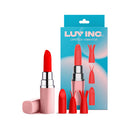 Luv Inc LV57 Lipstick Bullet Vibrator Light Pink with interchangeable silicone caps and packaging.