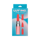 Luv Inc LV57 Lipstick Bullet Vibrator Light Pink in packaging with interchangeable silicone caps.