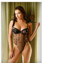 Tease Stevie Floral Embroidered Mesh Bodysuit Black L/XL showcased by a model against a stylish background.