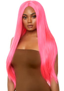 Close-up of Leg Avenue Long Straight Wig 33 Inch Pink worn by a model, showcasing vibrant pink color and sleek style.