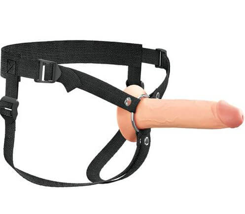 Fantasy X-Tensions Elite 7" Silicone Hollow Strap-On in black straps, showcasing realistic dual-density design for enhanced intimacy.