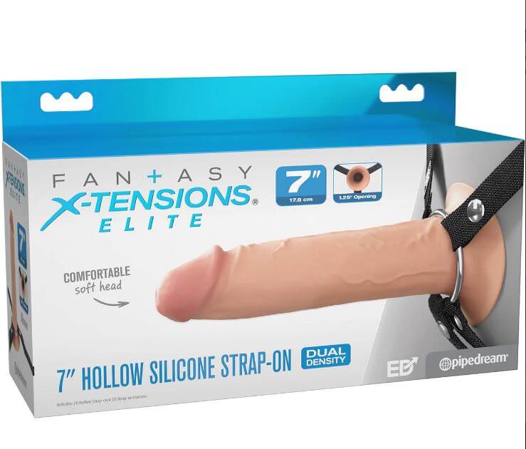 Fantasy X-Tensions Elite 7" dual-density silicone strap-on packaging with realistic design for ultimate comfort and satisfaction.