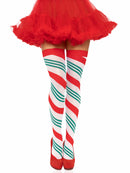Leg Avenue Holiday Ribbon Thigh High Stockings Swirl worn with a red tutu and high heels for a festive holiday look.
