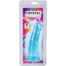 Crystal Jellies Realistic Cock 7 Inch Teal dildo in packaging with vibrant translucent color.
