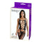 Captivating black bodystocking lingerie displayed in packaging, featuring a stylish design with crisscross detailing.