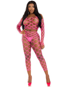 Leg Avenue 2 Pc Net Crop Top and Footless Tights Neon Pink worn by model, showcasing bold fishnet design.