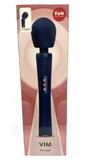 Fun Factory Vim Massager Wand Night Blue in packaging, showcasing ergonomic design and flexible neck for precise stimulation.