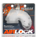Oxballs Airlock Air-Lite Vented Chastity Cage Clear Ice packaging displaying its features and design.
