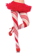 Leg Avenue Spandex Sheer Candy Striped Pantyhose worn with a red tutu and high heels, perfect for festive outfits.