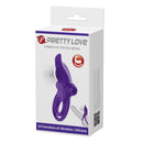 Pretty Love Vibrant Silicone Vibrating Penis Ring Purple packaging showcasing its features and 10 vibration functions.