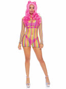 Leg Avenue Rainbow Fishnet Long Sleeved Mini Dress showcasing colorful netting and flirty design, perfect for various styles.