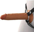 Brown Fantasy X-Tensions Elite 7" Hollow Silicone Strap-On with dual density, featuring a realistic design and sturdy black straps.