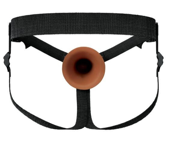 Brown Fantasy X-Tensions Elite 7" Hollow Silicone Strap-On with adjustable black harness.