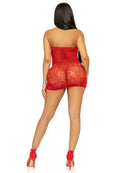 Leg Avenue Rhinestone Lace and Net Mini Dress One Size Red showcasing a sparkling red lace design with rhinestone details.